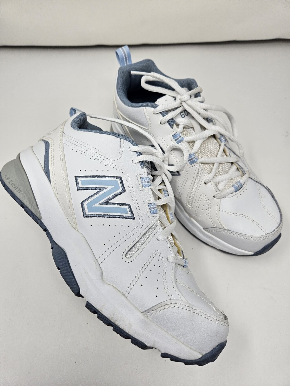 New Balance  White and Light Blue Leather Athletic Sneakers Size 7.5 Wide Comfy